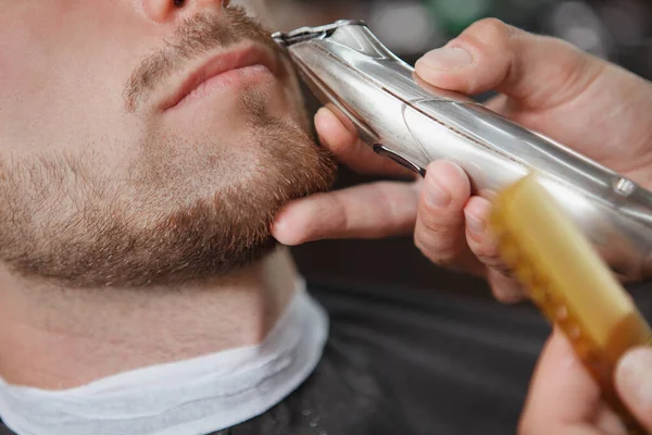 Cropped Close Barber Trimming Moustache Male Client Using Electric Trimmer — Stock Photo, Image