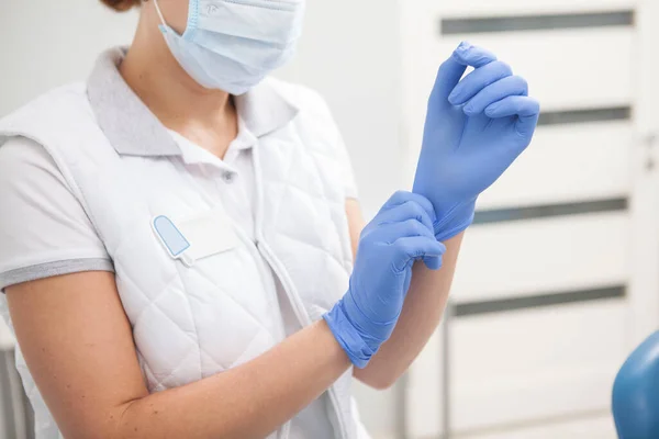 Female Doctor Putting Rubber Gloves Working Hospital — 图库照片