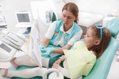 Professional dentist educating her little patient on dental hygiene, reading a book to little girl