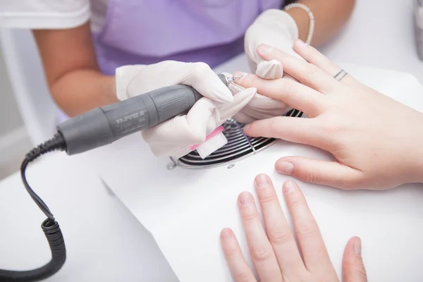 Top View Close Manicurist Removing Cuticles Nail Drill — Stock Photo, Image