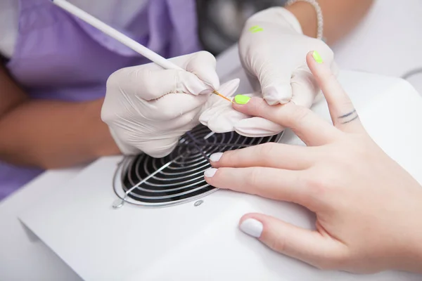 Top View Close Unrecognizable Woman Getting Neon Nails Done Manicurist — Stock Photo, Image