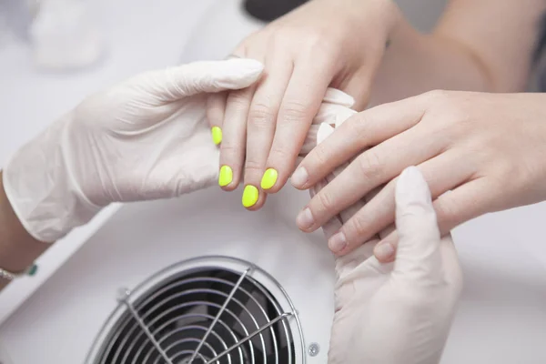 Cropped Shot Manicurist Examining Nails Client Applying Neon Gel Nail — Stock Photo, Image