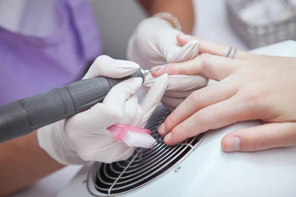 Close Manicurist Using Nail Drill Clients Cuticle — Stock Photo, Image