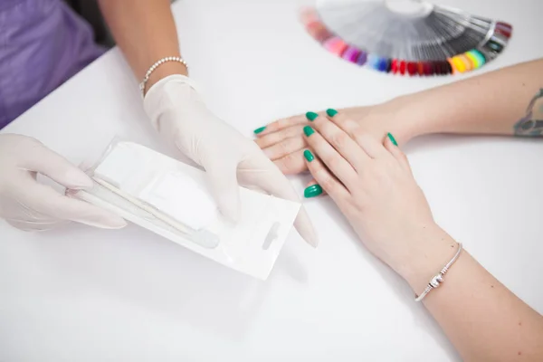 Top View Cropped Shot Manicurist Using Individual Manicure Instruments Set — Stock Photo, Image