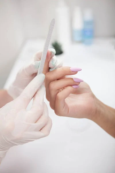Vertical Cropped Shot Nail Technician Doing Manicure Female Hands — Stock Photo, Image