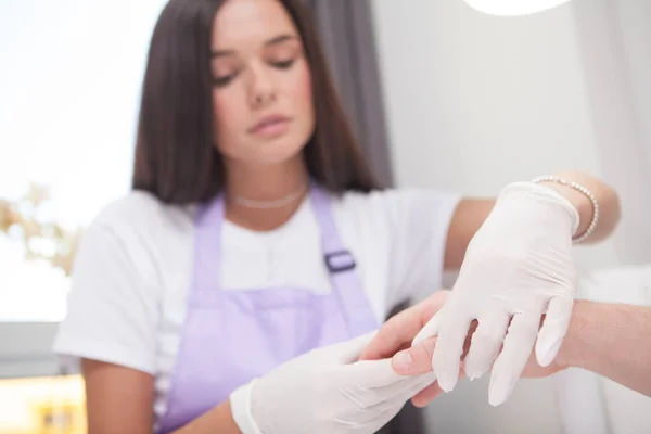 Professional Manicurist Massaging Hand Male Client Manicure — Stock Photo, Image