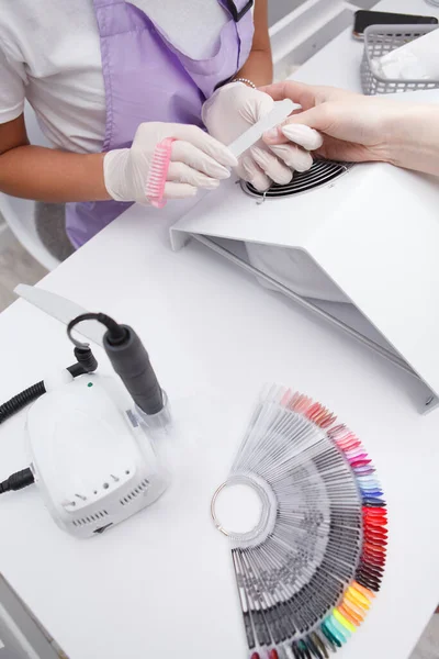 Vertical Top View Cropped Shot Manicurists Table Nail Polish Palette — Stock Photo, Image