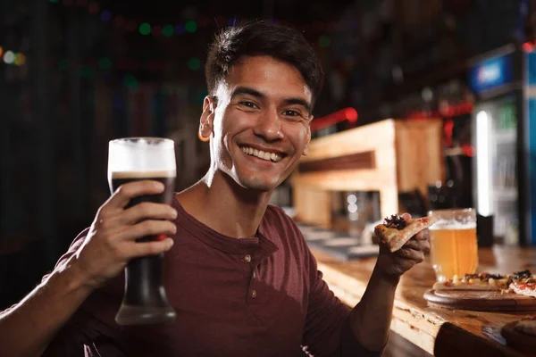 Cheerful Handsome Man Smiling Joyfully Holding Pizza Slice Glass Beer — Stock Photo, Image