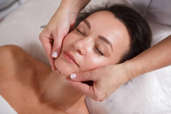 Top View Close Mature Woman Getting Facial Massage Spa Salon — Stock Photo, Image