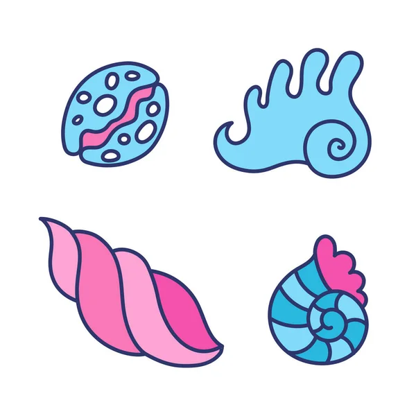Adesivos ingênuos com conchas diferentes. Estilo de desenho animado infantil simples, rosa e azul paleta — Vetor de Stock
