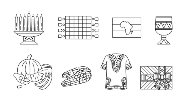 Набор линейных икон для празднования Кванзы. Кванза, фестиваль африканско-американского единства - наметьте традиционные символы — стоковый вектор