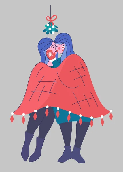 Lesben küssen sich unter Misteln und umarmen sich in einer Decke — Stockvektor