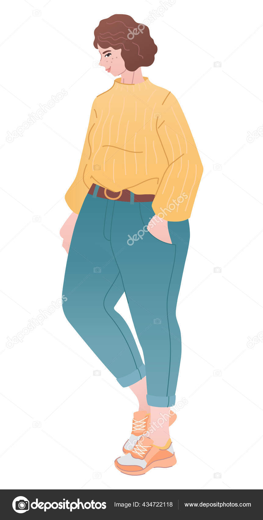 Menina muito curvilínea em camisola e jeans mãe, esboço de moda de olhar  moderno imagem vetorial de dbayan© 434722118