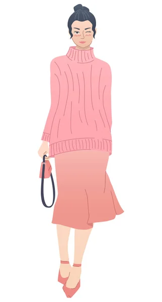 Elegante Frau in rosafarbenem Pullover und Slip-Kleid, Mode-Outfit-Skizze — Stockvektor