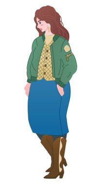 Bombacı ve kot etekli tombul kadının portresi. Moda sonbaharı 2021 gibi görünüyor.