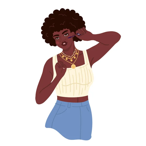 Afro-Amerikalı kadın makyaj sırasında rimel kullanıyor. — Stok Vektör