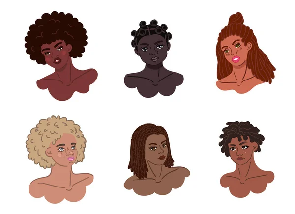 Sei ritratti di ragazze afro-americane con autentiche acconciature nere — Vettoriale Stock