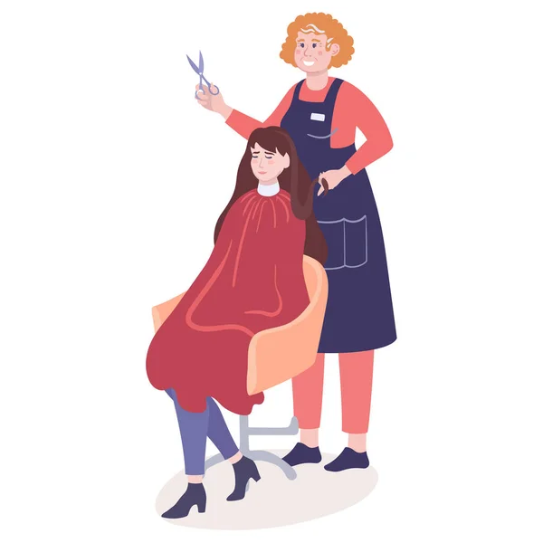 Mujer peluquera es el corte de pelo chica cliente, que se sienta en la silla — Archivo Imágenes Vectoriales