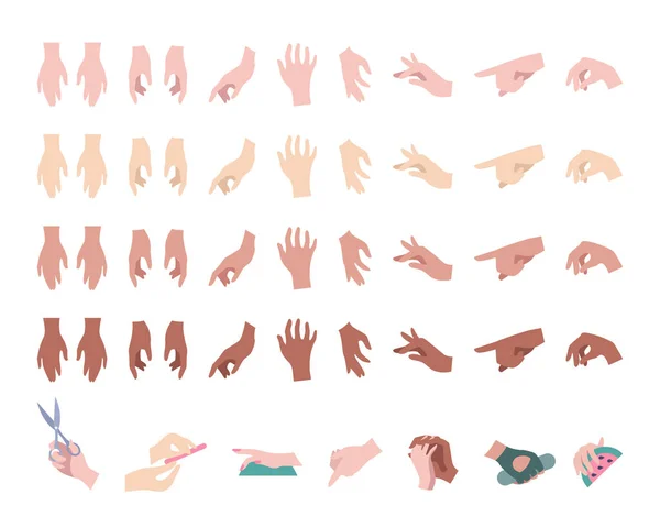 Polorealistické ruce, plochý styl, různé odstíny pleti — Stockový vektor