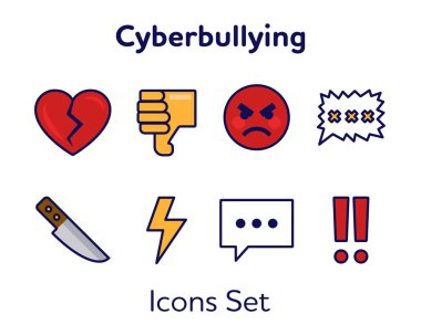 Kalın Katı Siber Kabadayılık Simgeleri Çizgiyle Düz Biçimli Ayarlandı