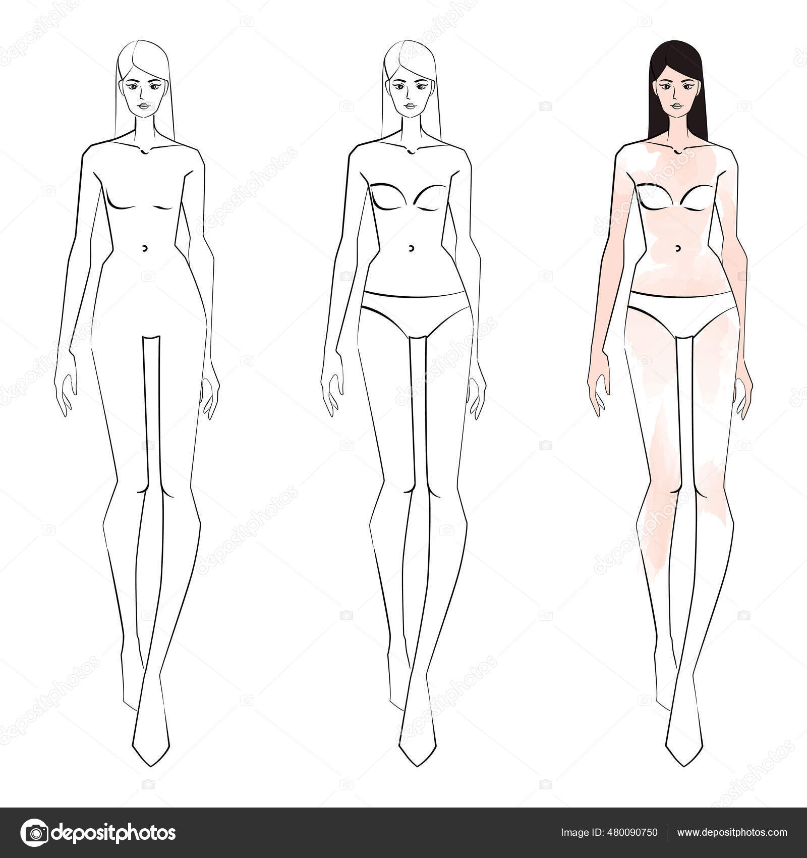 Three vector fashion sketch templates with walking slim young girl