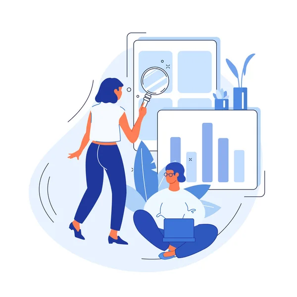 Business research metaphor - vector illustration. Woman employes use analytic tools - Stok Vektor