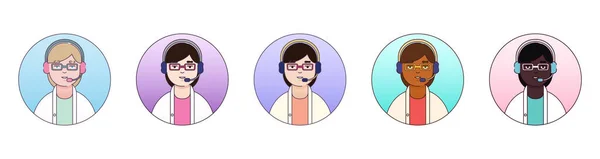 Platte lineaire vector avatars ingesteld vrouwen arts het dragen van koptelefoon, online hulp, telegeneeskunde — Stockvector