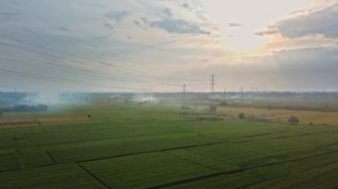 Gün batımında yeşil pirinç tarlasında yeni inşa edilmiş bir elektrik iletim kulesinin hava aracı görüntüsü.