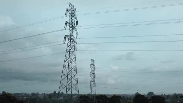 Aerial Drone View Newly Constructed Electric Transmission Tower Green Rice — Stock Video