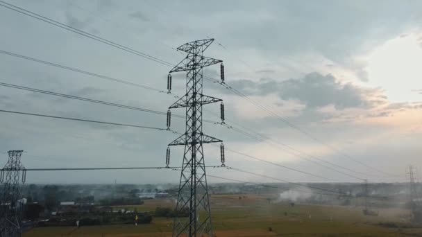 Luchtfoto Van Een Nieuw Gebouwde Elektrische Zendmast Een Groen Rijstveld — Stockvideo