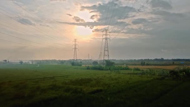 Luchtfoto Van Een Nieuw Gebouwde Elektrische Zendmast Een Groen Rijstveld — Stockvideo