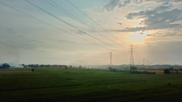 Luchtfoto Van Een Nieuw Gebouwde Elektrische Zendmast Een Groen Rijstveld — Stockvideo