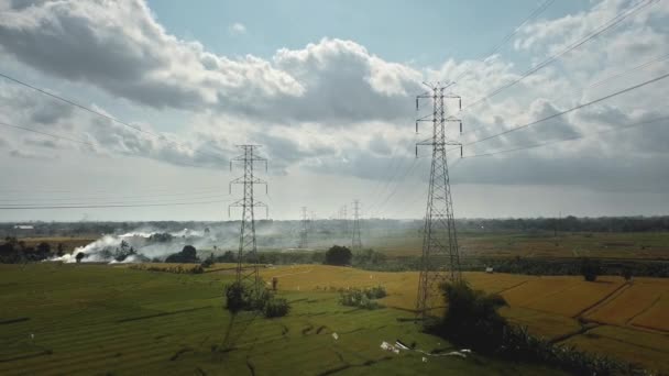 Luchtfoto Van Een Nieuw Gebouwde Elektrische Zendmast Een Groen Rijstveld — Stockvideo