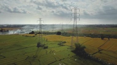 Yeşil pirinç tarlasında yeni inşa edilmiş bir elektrik iletim kulesinin hava aracı görüntüsü