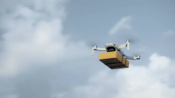 Foto Volo Drone Consegna Cielo Con Mano Pacco Cartone — Foto Stock