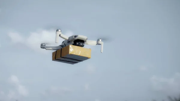 Foto Voo Drone Entrega Céu Com Realização Uma Parcela Papelão — Fotografia de Stock