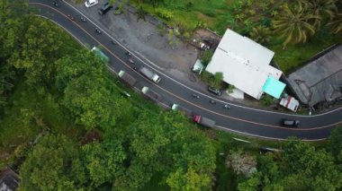 4k drone stok görüntüsü. Yeşil pirinç tarlasının en üst görüntüsü. Bali adasında, yolda arabalar ve hareket bulanıklığı var. 