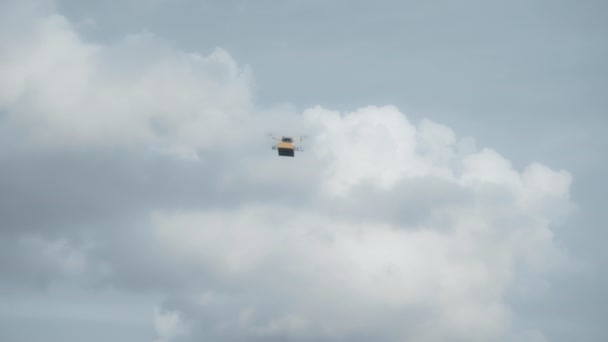 段ボールを持って空の配達ドローン上の飛行の4Kビデオ映像 — ストック動画