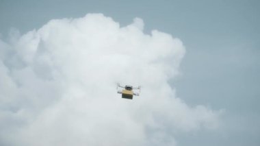 4K video görüntüleri, elinde karton bir paketle gökyüzü teslimatında uçan bir İHA 'nın