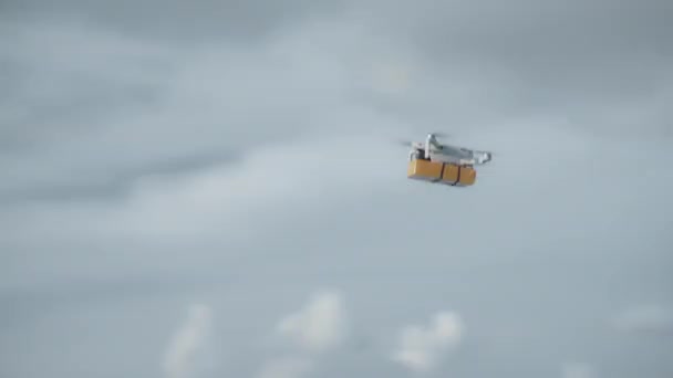 Imagens Vídeo Drone Voando Céu Entrega Com Segurando Pacote Papelão — Vídeo de Stock