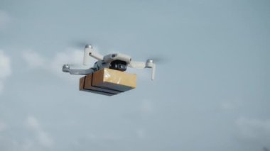 4K video görüntüleri, elinde karton bir paketle gökyüzü teslimatında uçan bir İHA 'nın