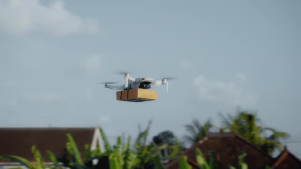 4K视频镜头 一个手持硬纸板包裹的送货机上的飞行 — 图库视频影像