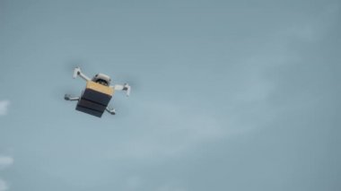 4K video görüntüleri, elinde karton bir paketle gökyüzü teslimatında uçan bir İHA 'nın