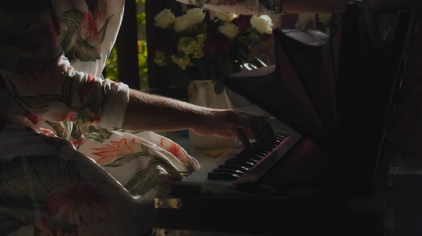 Uma Menina Sentada Chão Madeira Tocando Harmonium Instrumento Étnico Indiano — Fotografia de Stock