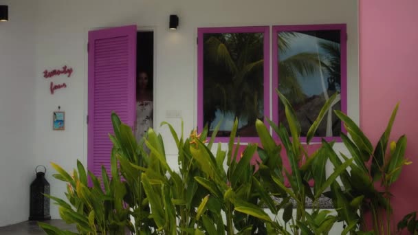 Молода Гарна Європейська Дівчина Брюнетка Виходить Дому Відчиняючи Рожеві Двері — стокове відео