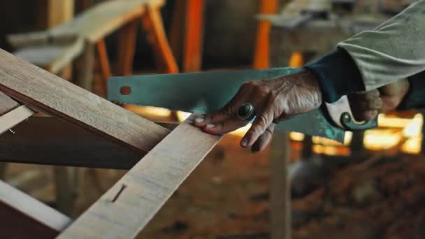 Footage Old Master Wrinkled Hands Hammers Nails Wooden Board Hand — Stock Video