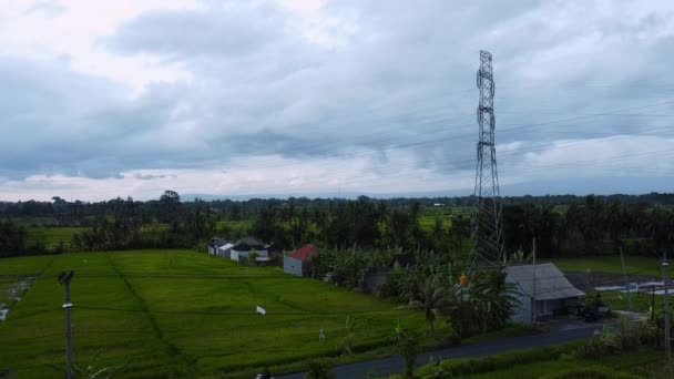 Vista Aérea Dron Una Torre Transmisión Eléctrica Nueva Construcción Campo — Vídeos de Stock