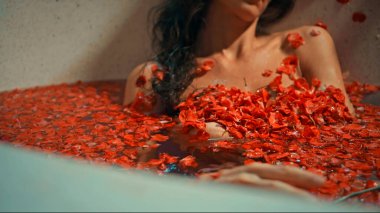 Genç Avrupalı uzun saçlı esmer kız banyoda, spa prosedüründe kırmızı çiçeklerle yatıyor.