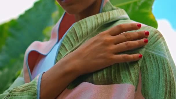 Young European Brunette Girl Wipes Towel Backyard Green Garden Background — Stock Video