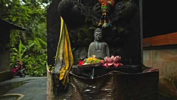 Una Vieja Estatua Budista Piedra Sentada Una Pose Loto Cubierta — Vídeo de stock
